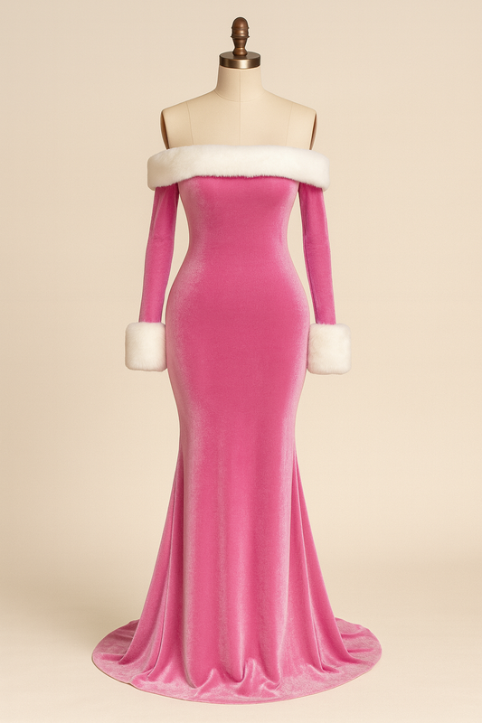 Velvet Off-Shoulder Fur Trim Gown
